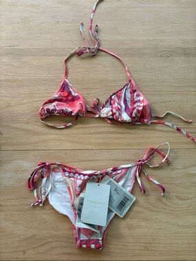Emilio Pucci Pink Coral & White Abstract Print Tie-Side Bikini